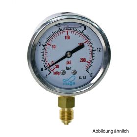 Glyzerinmanometer, AG, Anschluss 1/4", unten, -1 - 15 bar, Gehäuse 63 mm